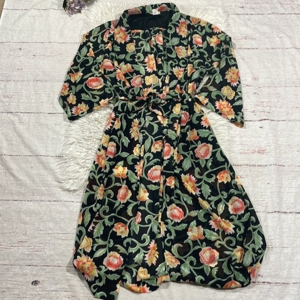 Natori Vintage Rose Floral Semi Sheer Long Duster Tie Front Robe